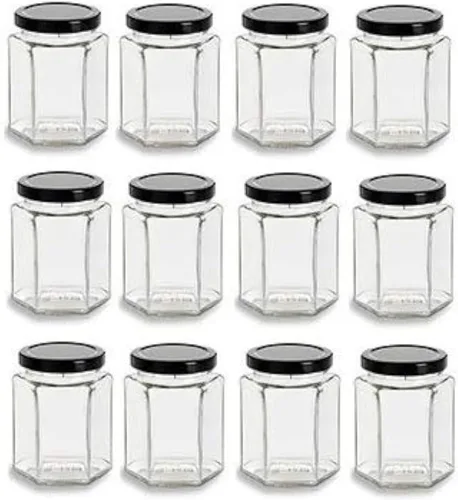 Vista 3 de Nakpunar 24 tarros hexagonales de vidrio de 1.5 oz con tapas negras - 1.5 fl oz