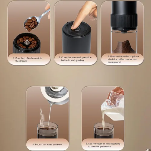 Vista 3 de Generic Molinillo de café eléctrico portátil con mango recargable por USB, parada automática, silencioso, ajustable, pequeño, de acero inoxidable