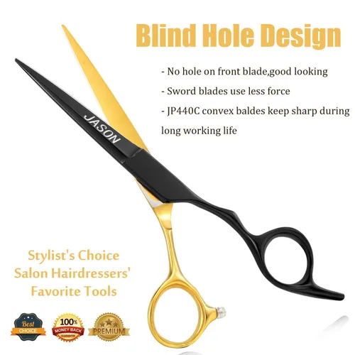 Vista 4 de JASON Juego de tijeras para el cabello de 6 pulgadas, tijeras de peluquería de oro negro + tijeras de textura plateada para mujeres y hombres