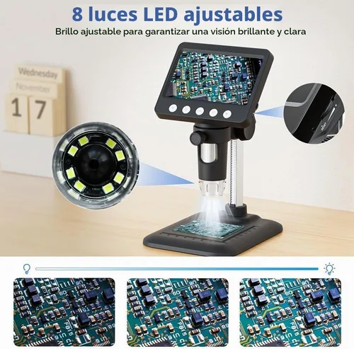 Vista 4 de Microscopio digital de 4.3 pulgadas para adultos, microscopio de moneda SKYEAR 1000X con 8 luces de relleno LED ajustables, microscopio USB