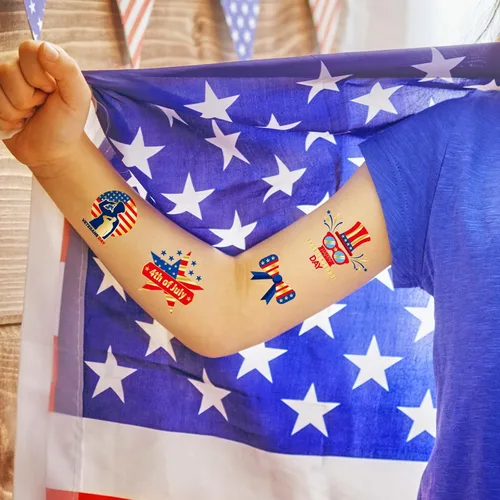 Vista 5 de JCFIRE Decoraciones del 4 de julio, 100 piezas de tatuajes temporales para niños y adultos, decoraciones patrióticas, accesorios del 4 de julio