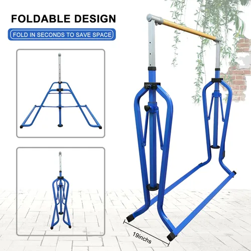 Vista 6 de Foldable Gymnastics Kip Bar with Rings & Bar Pad, 3 FT–5 FT Adjustable Horizontal Bar for Kids, 7-Level Height, 300 LBS Weight Capacity, Indoor Home