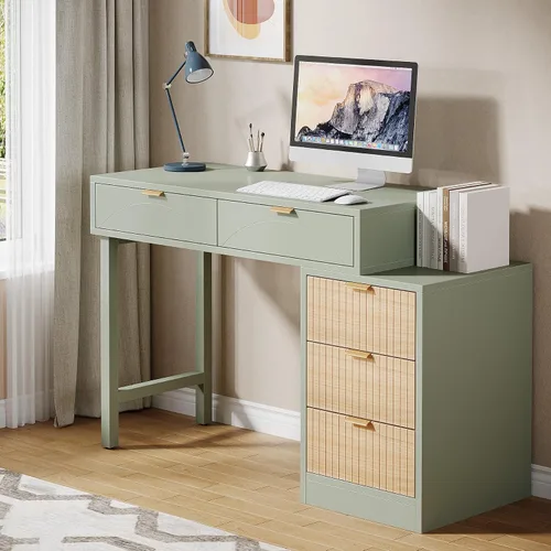 Vista 3 de Tribesigns Escritorio para computadora con 5 cajones, escritorio pequeño reversible con almacenamiento, mesa de estudio de madera moderna, estación