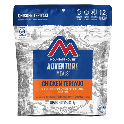 Vista 2 de Mountain House Teriyaki de pollo con arroz (2 porciones) Arroz frito con pollo (2 porciones) Alimentos liofilizados para mochileros