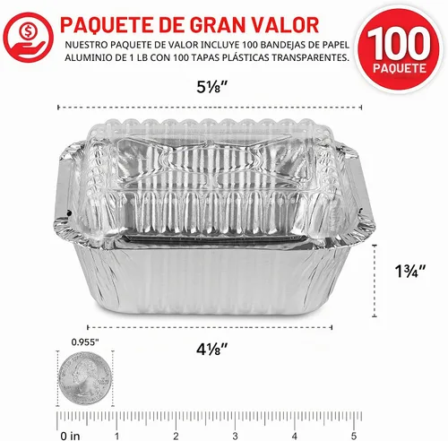 Vista 3 de Stock Your Home Sartenes pequeños de aluminio de 1 libra con tapas de plástico transparente (paquete de 100), utensilios de cocina desechables