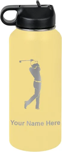 Vista 58 de LaserGram Botella de agua personalizada, golfista de golf, acero inoxidable de doble pared aislada al vacío con popote superior, regalo grabado Negro