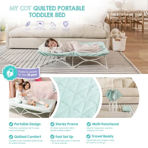 Vista 6 de Regalo My Cot® Cama portátil para niños pequeños con sábana bajera, cama plegable de viaje para niños y cuna de campamento, incluye sábana acolchada