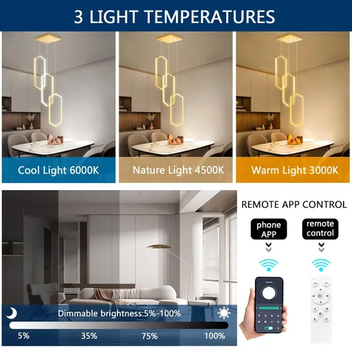 Vista 3 de Lámpara colgante regulable de 3 anillos para ajustar mini lámpara LED de techo para cocina, isla, comedor, sala de estar, dormitorio, dorado