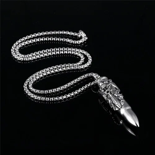 Vista 2 de PAURO Collar de cadena con colgante cilíndrico de acero inoxidable con espada, doble dragón abierto