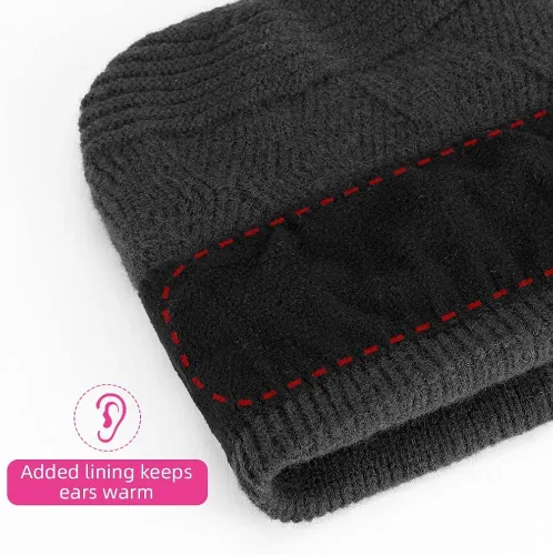 Vista 2 de Gorro de invierno para mujer Gorra de punto para cabello de cola de caballo con moño y cola de caballo Gorro de pelo con pompones con agujero