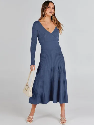 Vista 2 de ANRABESS Vestido midi cruzado tipo suéter para mujer, manga larga, cuello en V, cintura alta, acanalado, plisado, vestido acampanado