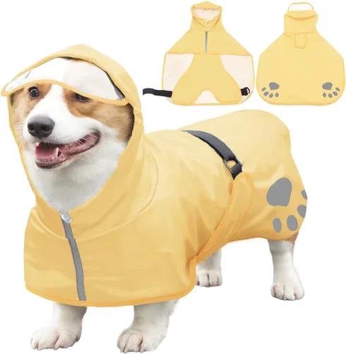 Vista 9 de Impermeable para perros con capucha, poncho deslizante – Chaqueta impermeable reflectante ligera para mascotas, impermeable con correa ajustable