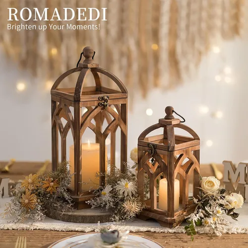 Vista 8 de Romadedi Farol de vela de madera de granja, juego de 2 candelabros decorativos de madera rústica, decoración del hogar, mesa de boda, centro