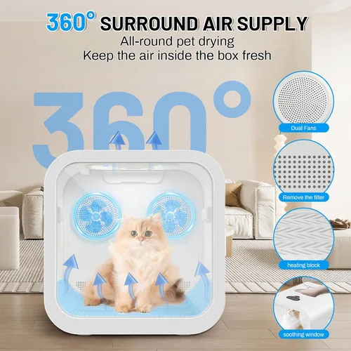 Vista 4 de Caja secadora automática de pelo para mascotas, soplador de ventiladores de doble motor de 70L para gatos y perros pequeños, secado de 360°, control