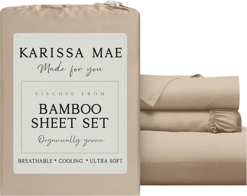 Vista 29 de KARISSA MAE Juego de sábanas de viscosa de bambú de lujo, 100% certificado FSC, refrescante, lujosamente suave, bolsillos profundos de 18 pulgadas