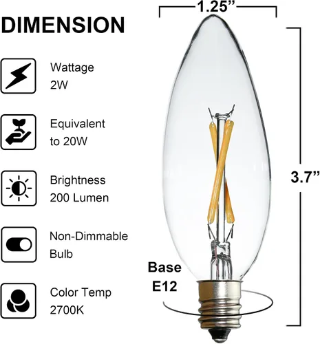 Vista 6 de Paquete de 6 bombillas LED Edison B10 C32, equivalente a 25 vatios, base E12, CRI 85-90 2700K blanco cálido, bombilla afilada de vidrio transparente