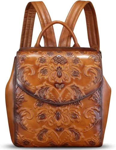 Vista 3 de Mochila de cuero genuino para mujer, bolso retro de cuero en relieve, hecho a mano, mochila trasera, mochila casual, Marrón, Vintage