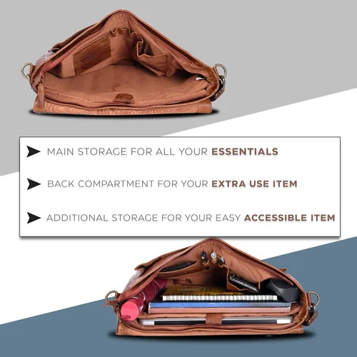 Vista 4 de Bolso de mensajero de cuero real para hombres y mujeres Maletín para laptop para oficina universidad correa de hombro ajustable