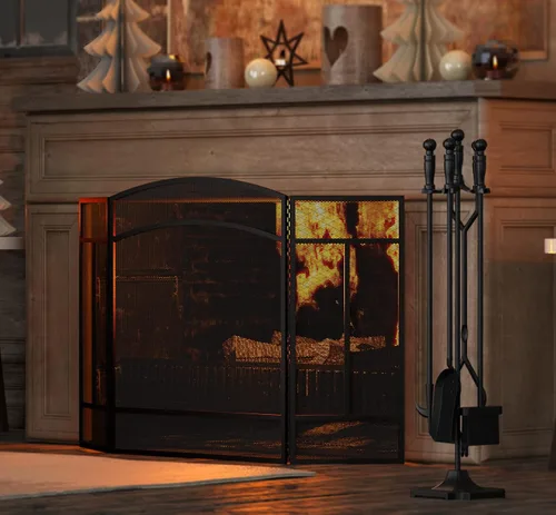 Vista 8 de Fire Beauty 3 Panel de hierro forjado Chimenea Pantalla Cubierta protectora de chispas (negro)