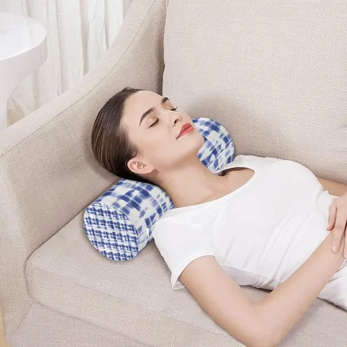 Vista 5 de Rollo cervical para el cuello, almohada redonda con estampado de teñido anudado azul y blanco, almohadas de espuma viscoelástica lavables, almohada