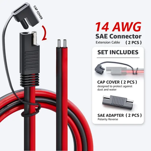 Vista 2 de MADCATZ Cable de extensión de conector SAE de 2 pines de 10 pies y 14 AWG, enchufe de desconexión rápida para automóviles, panel solar, batería