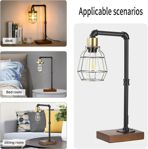 Vista 4 de CONCA Lámpara de mesa Steampunk, base E26, iluminación rústica Edison, lámpara de mesa con pantalla enjaulada (A-Negro+Bronce)