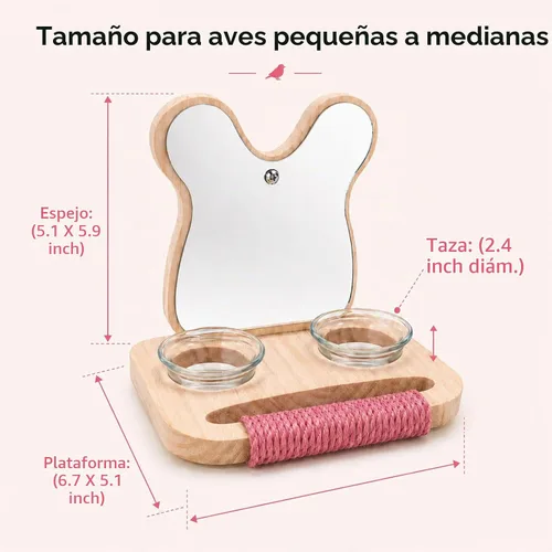 Vista 3 de Espejo de pájaro con perca y comedero, juguetes de madera para pájaros jaula de pájaros, accesorios para loros para gastar energía, juguetes