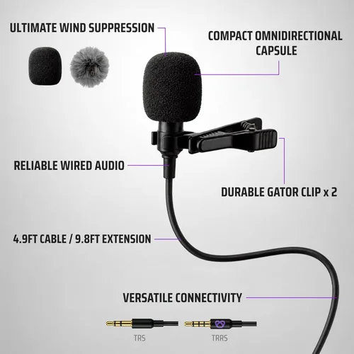 Vista 5 de Purple Panda Lavalier Microphone Kit – Clip-On Lapel Mic for Motovlog, Creators & Vlogging – GoPro, DJI & Insta360 Action Cameras, iPhone, Android