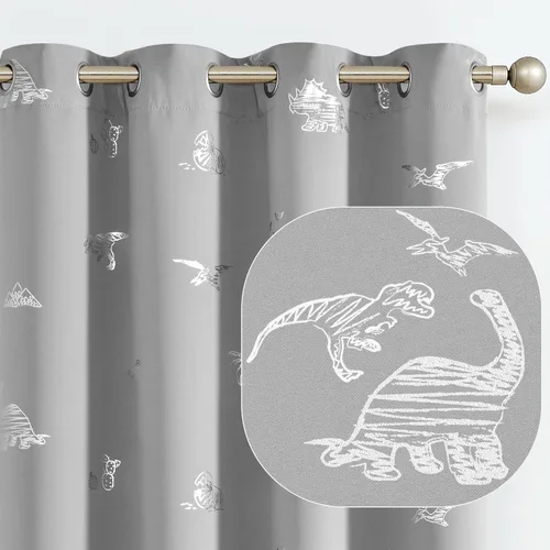 Vista 13 de Vangao - Cortinas para niños con impresión de dinosaurio en negro, cortinas opacas para guardería, habitación de niñas y niños, estampado plateado