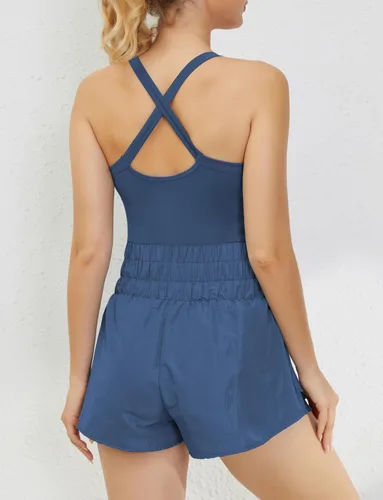Vista 3 de MISSACTIVER Vestido de tenis para mujer, vestido de entrenamiento con pantalones cortos incorporados, sin mangas, entrecruzado, sin espalda, mini