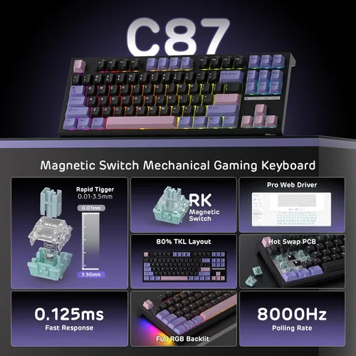 Vista 2 de RK ROYAL KLUDGE C87 HE - Teclado para juegos de disparo rápido, 87 teclas TKL con cable RGB, teclado con interruptor magnético de efecto Hall