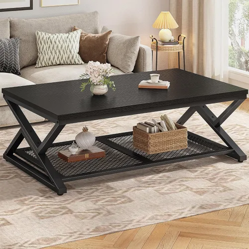 Vista 12 de EnHomee Mesa de Café con Almacenamiento, Mesas de Café Modernas para Sala de Estar con Estante de Malla, Mesa de Centro Rectangular de 2 Niveles