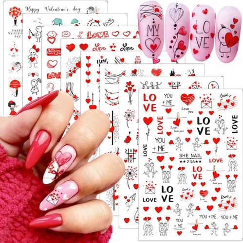Vista 13 de 8 hojas de calcomanías de arte de uñas para el día de San Valentín, autoadhesivas, 3D, color plateado, rosa, rojo, labios, letras de corazón, diseño