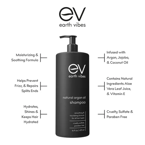Vista 7 de Earth Vibes Champú orgánico de aceite de argán marroquí – (16 onzas/16.0 fl oz), sin sulfatos ni parabenos, hecho con aceite de jojoba, aceite