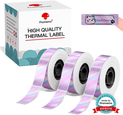 Vista 10 de Phomemo Labels D30 - Cinta de etiquetas autoadhesivas, etiquetas maestras de impresión negra sobre transparente, papel térmico autoadhesivo, 0.472 x