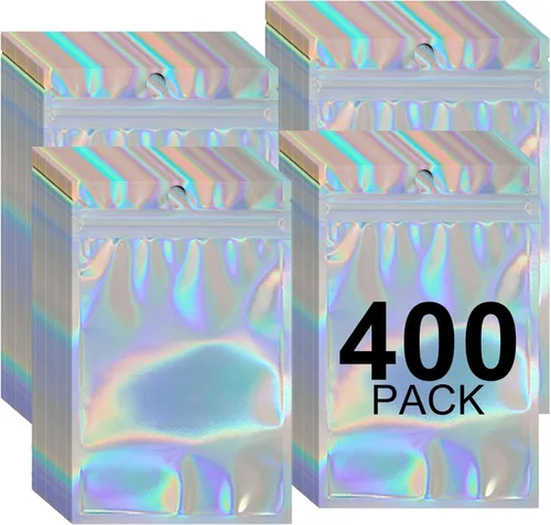 Vista 8 de Paquete de 400 bolsas holográficas de Mylar resellables de 4 tamaños con ventana para almacenamiento de alimentos, galletas, dulces, joyas y oficina