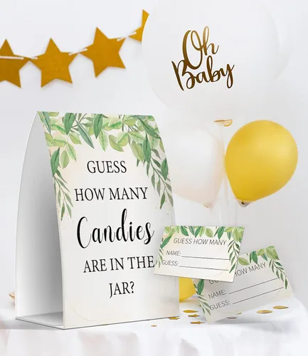 Vista 4 de Cuántos caramelos hay en el frasco, juegos de baby shower de vegetación, baby shower con temática de vegetación - un letrero y 50 tarjetas (GES07)