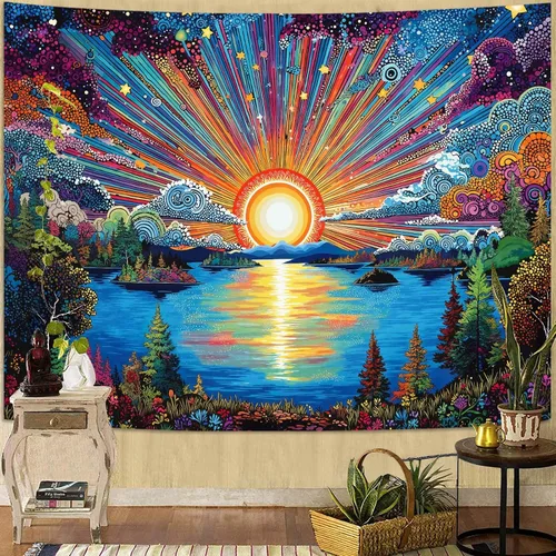 Vista 9 de Zussun Tapiz de hongo rojo, tapices de luna y estrella para dormitorio, estética de color beige, noche estrellada, planta verde, tapiz de pared