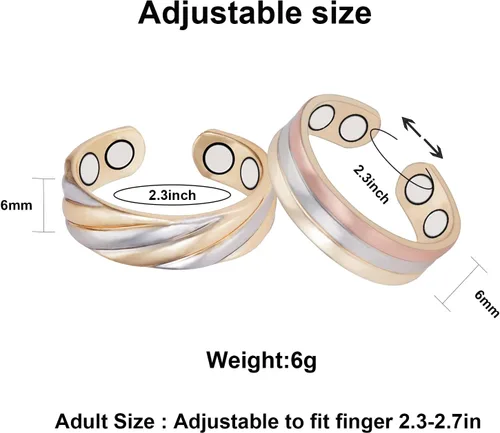 Vista 2 de Anillos de cobre puro para mujer, 2 piezas de anillo de oro tricolor magnético ajustable, joyería de cobre (0949 0950)
