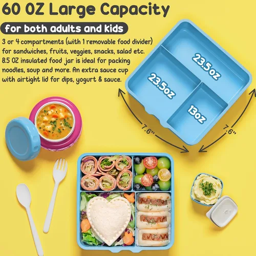 Vista 3 de Fimibuke Lonchera Bento para Niños y Adultos, Contenedor de Lonchera para Niños Pequeños de 3-4 Compartimentos 60OZ con Frasco de Comida Aislado a