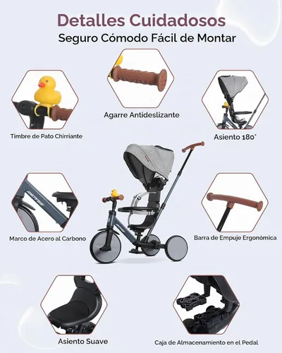 Vista 6 de RIDYEE Triciclo 8 en 1 para 1.5-5 años, interruptor sin herramientas, triciclo para niños pequeños con mango de control de dirección para padres
