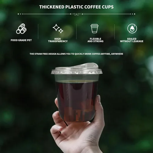 Vista 5 de 50 juegos de vasos de plástico transparente con tapas para sorber sin pajilla, vasos desechables de fondo redondo de 12 onzas para café helado