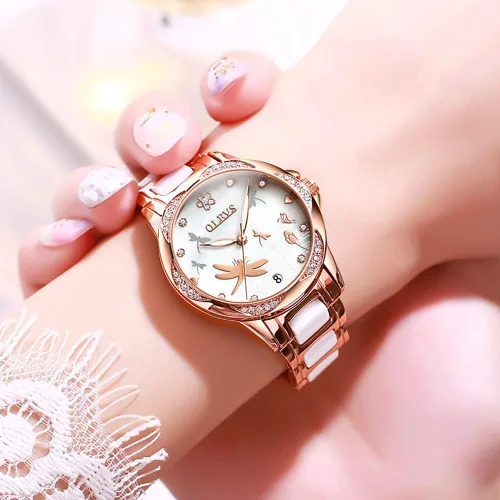 Vista 2 de OLEVS Relojes de oro rosa para mujer correa de acero inoxidable de cerámica reloj mecánico automático calendario de puntero luminoso impermeable