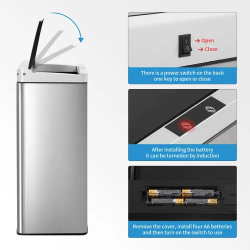 Vista 2 de Basurero automático de cocina de 13 galones con tapa, cubo de basura de acero inoxidable de 50 litros con sensor de movimiento y sin tacto, cubo