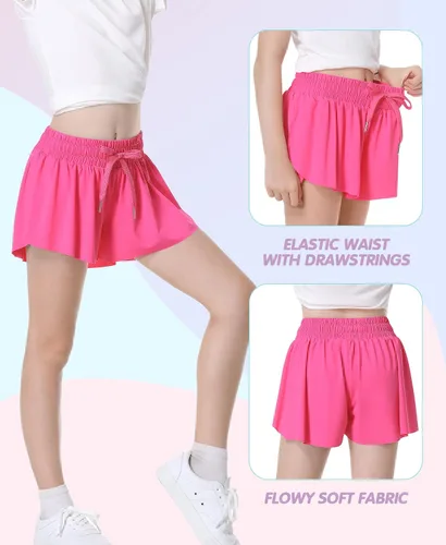 Vista 2 de QooNoo Pantalones cortos de mariposa para niñas con bolsillo, pantalones cortos atléticos fluidos de cintura alta para correr para niños