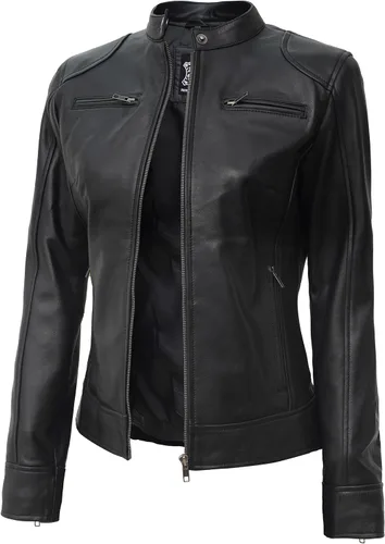 Vista 11 de Decrum Cafe Racer Chaqueta de piel de cordero real estilo motocicleta para Beige