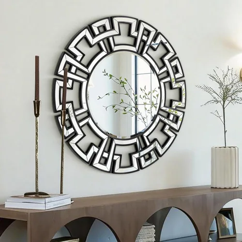 Vista 7 de Chende - Espejos negros para decoración de sala de estar, espejo redondo grande de 32 pulgadas con vidrio de borde biselado, espejo de pared