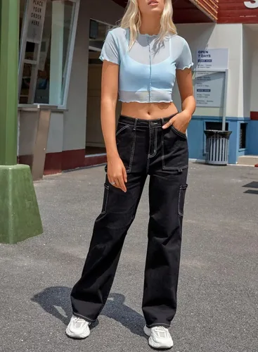 Vista 7 de Allytok Camisetas cortas de malla para mujer, de verano, manga corta, cuello redondo, transparente, Y2K