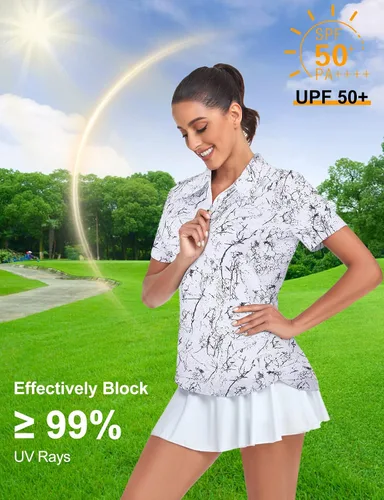 Vista 5 de Tanst Sky Camisas polo de golf para mujer, manga corta, con cremallera de un cuarto, sin botones, absorbe la humedad