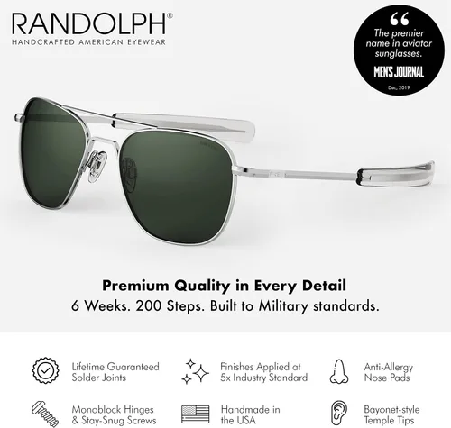 Vista 3 de Randolph USA Lentes de sol clásicos de aviador cromados brillantes para hombres o mujeres, 100% UV